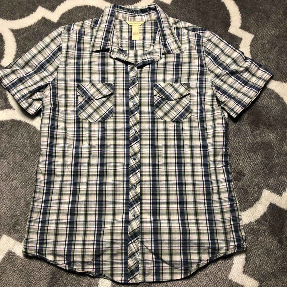 Bit & Bridle Shirt Womens Large Western Button Down Plaid Western Green Blue